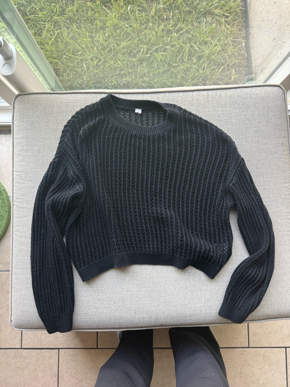 Mango Black Open-Knit Crewneck Sweater